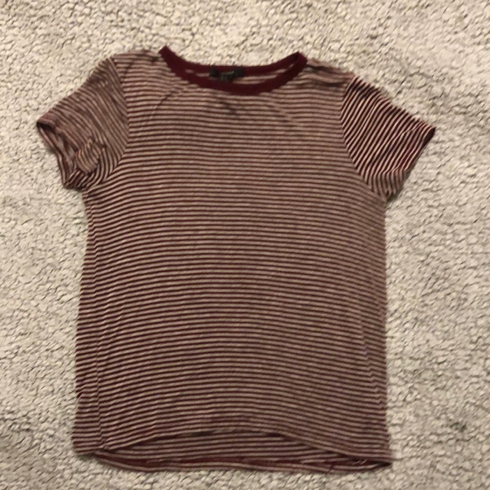 red and gray striped top